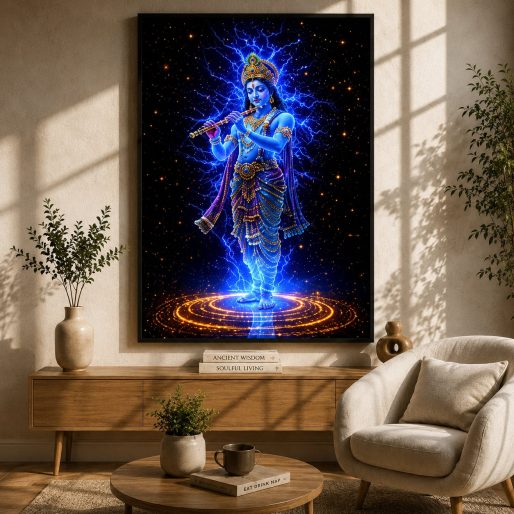 Divine Melody of Krishna – Neon Spiritual Energy Devotional Wall Art Blockout Print