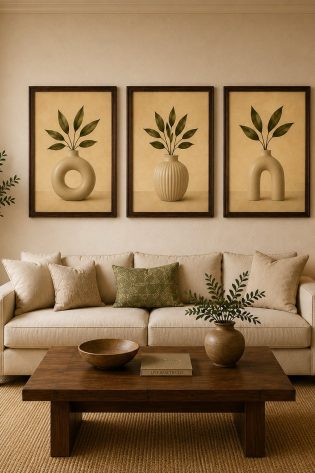 Minimalist Ceramic Donut Vases & Olive Branch Canvas Art – Organic Modern Triptych Print Set
