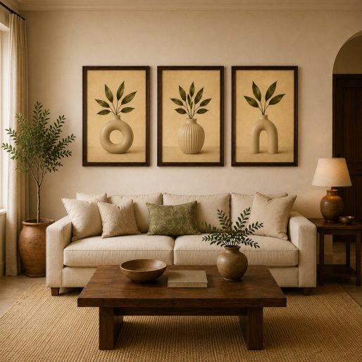 Minimalist Ceramic Donut Vases & Olive Branch Canvas Art – Organic Modern Triptych Print Set