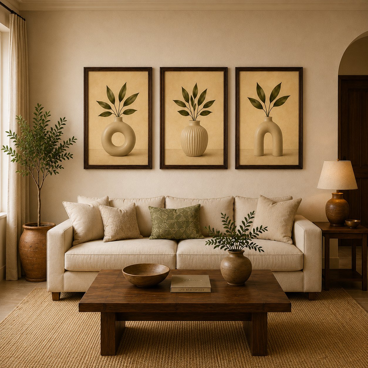 Minimalist Ceramic Donut Vases & Olive Branch Canvas Art – Organic Modern Triptych Print Set