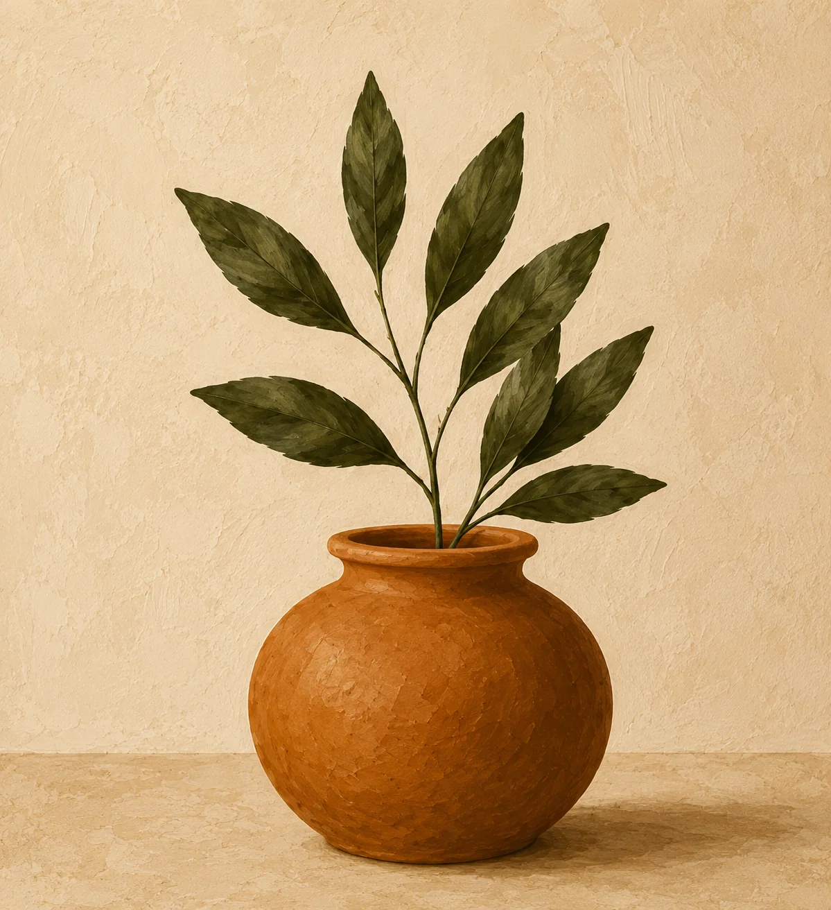 Minimalist Terracotta Vase with Green Leaves Canvas Print - Earthy Botanical Still Life Wall Art - Image 2
