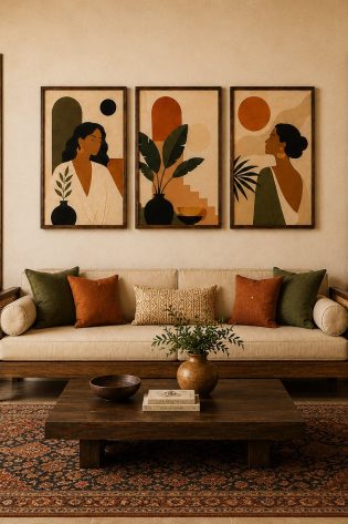 Boho Tropical Leaves & Woman Silhouette Canvas Art – Earthy Minimalist Portrait Print Set