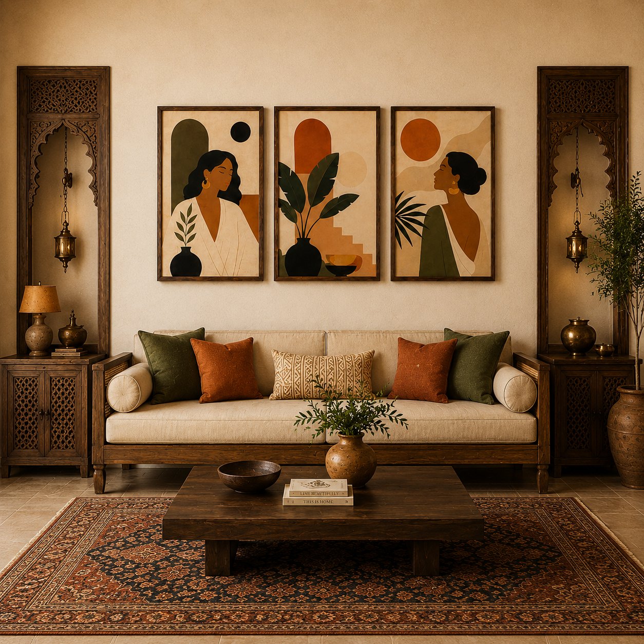 Boho Tropical Leaves & Woman Silhouette Canvas Art – Earthy Minimalist Portrait Print Set