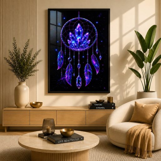 Mystical Crystal Cluster Dreamcatcher – Neon Cosmic Spiritual Wall Art Blockout Print