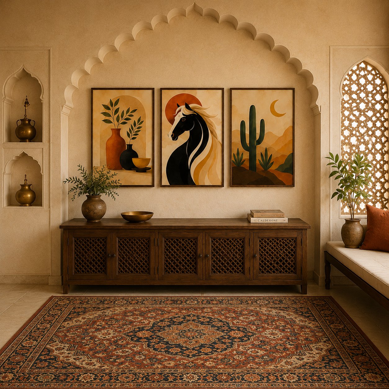 Minimalist Desert Horse & Saguaro Cactus Canvas Art – Organic Modern Triptych Print Set - Image 3
