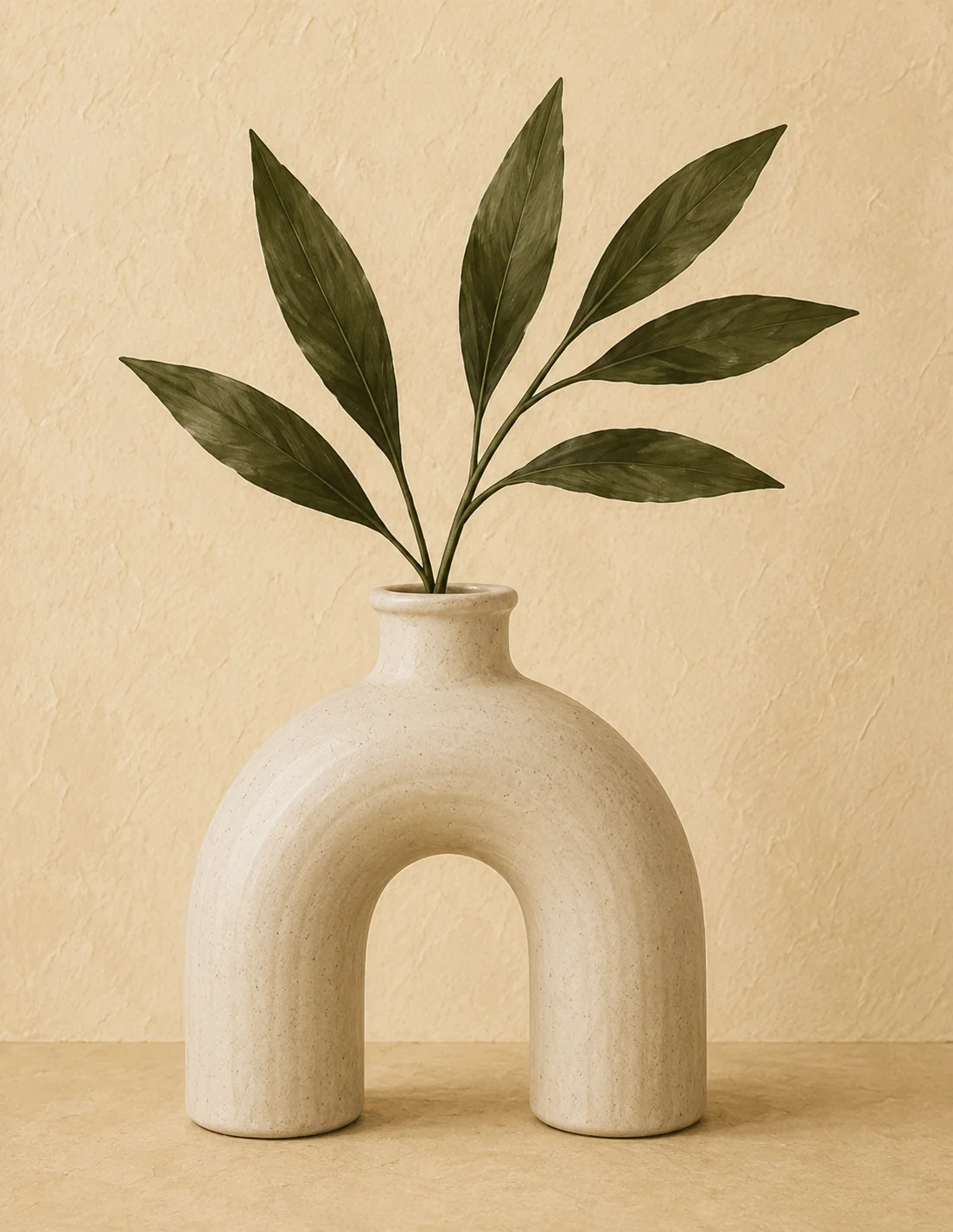 Minimalist Arch Vase with Green Leaves Canvas Print - Warm Cream Botanical Still Life Wall Art - Image 2