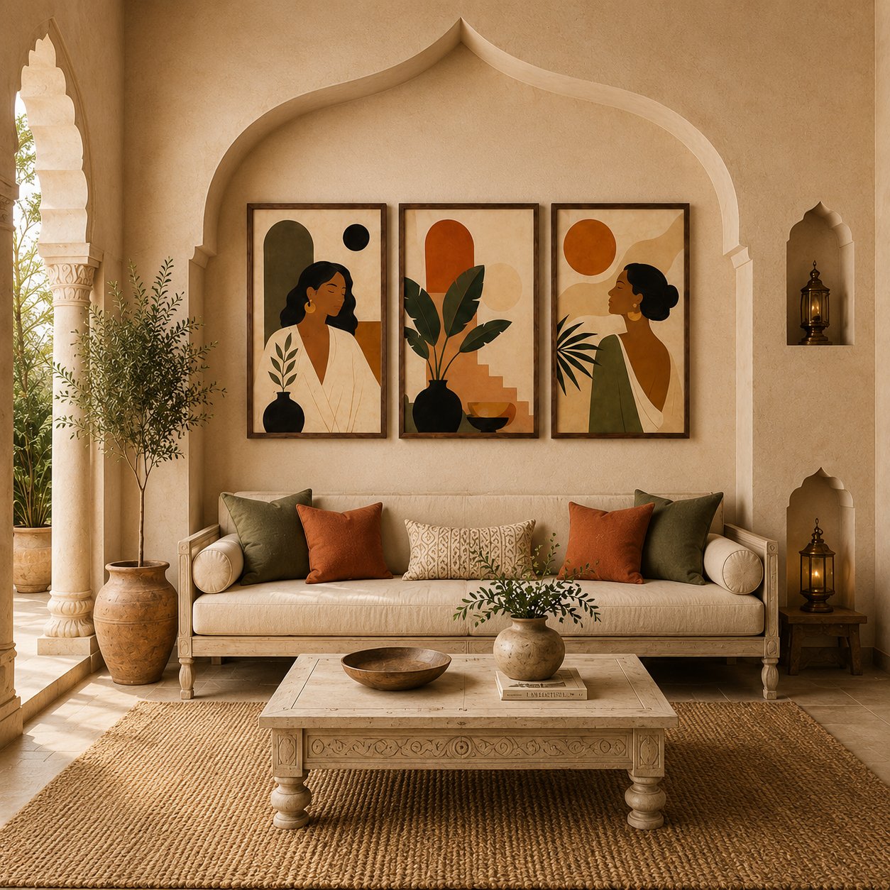 Boho Tropical Leaves & Woman Silhouette Canvas Art – Earthy Minimalist Portrait Print Set - Image 4