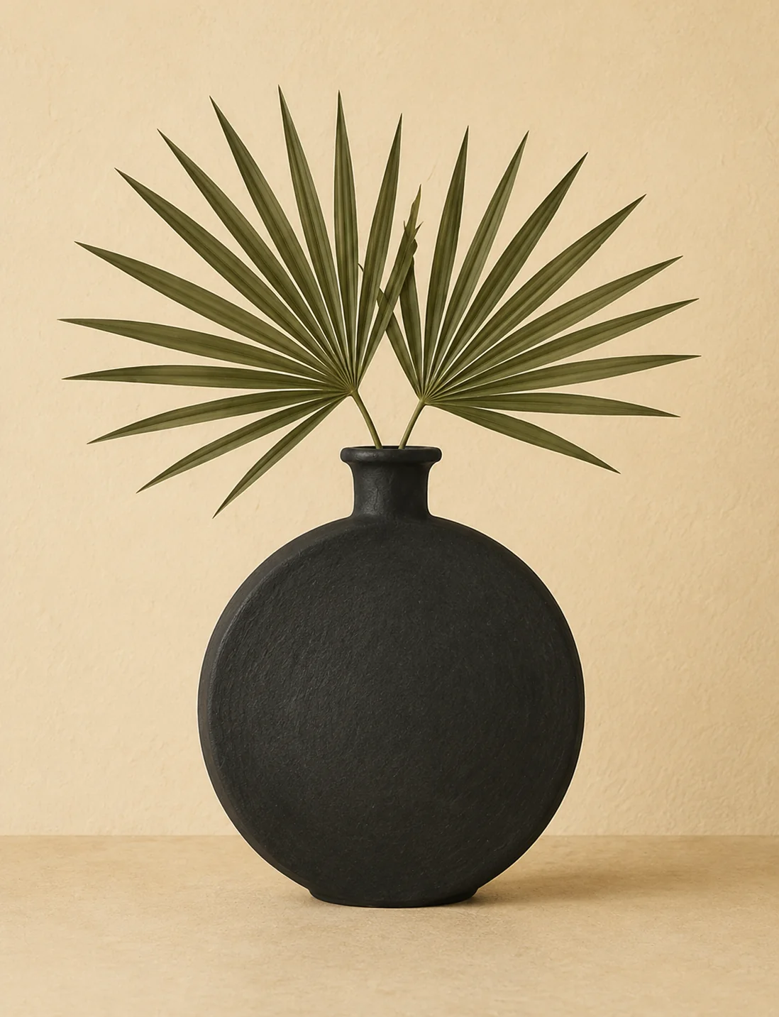 Minimalist Black Ceramic Vase with Palm Fronds Canvas Print - Warm Beige Botanical Still Life Wall Art - Image 2