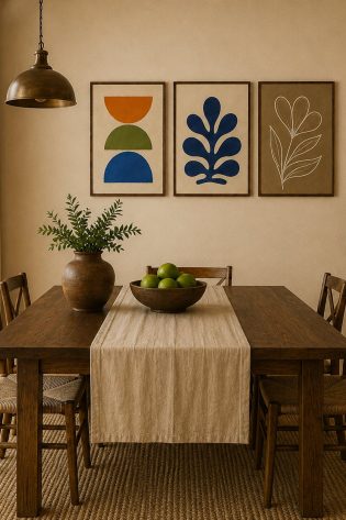 Minimalist Abstract Shapes & Matisse Leaf Canvas Art – Organic Modern Triptych Print Set