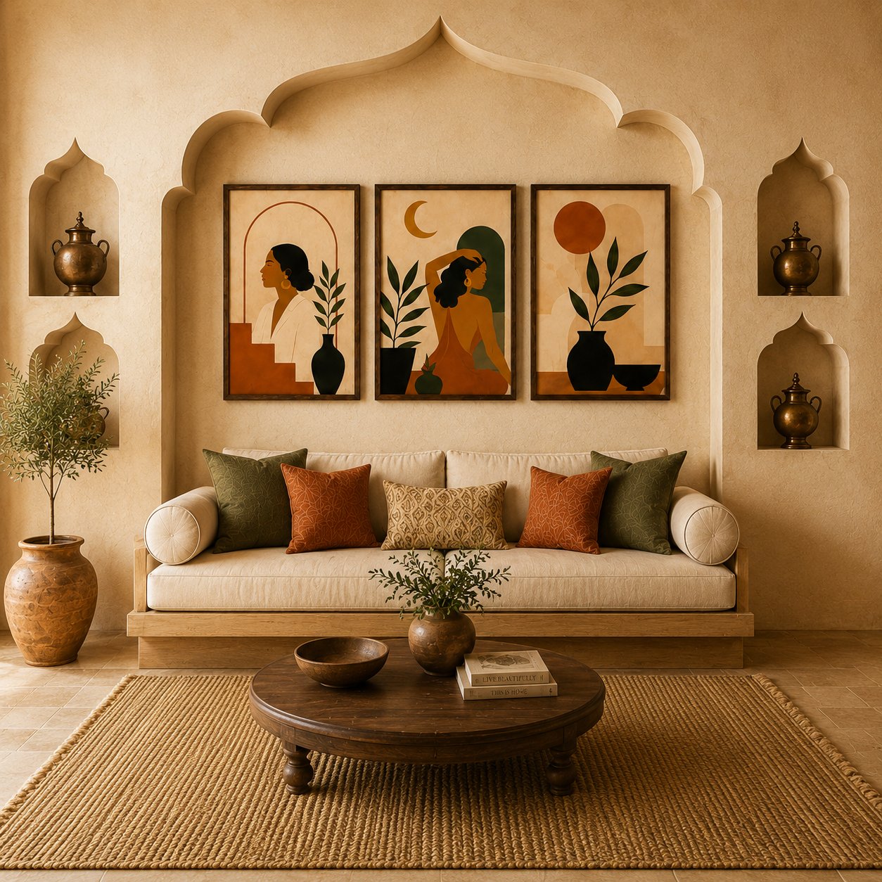 Boho Crescent Moon & Female Silhouette Canvas Art – Earthy Minimalist Portrait Print Set - Image 4