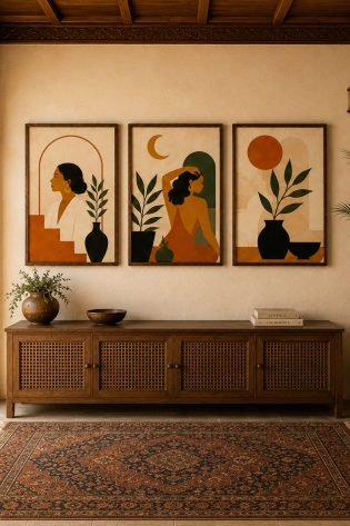 Boho Crescent Moon & Female Silhouette Canvas Art – Earthy Minimalist Portrait Print Set
