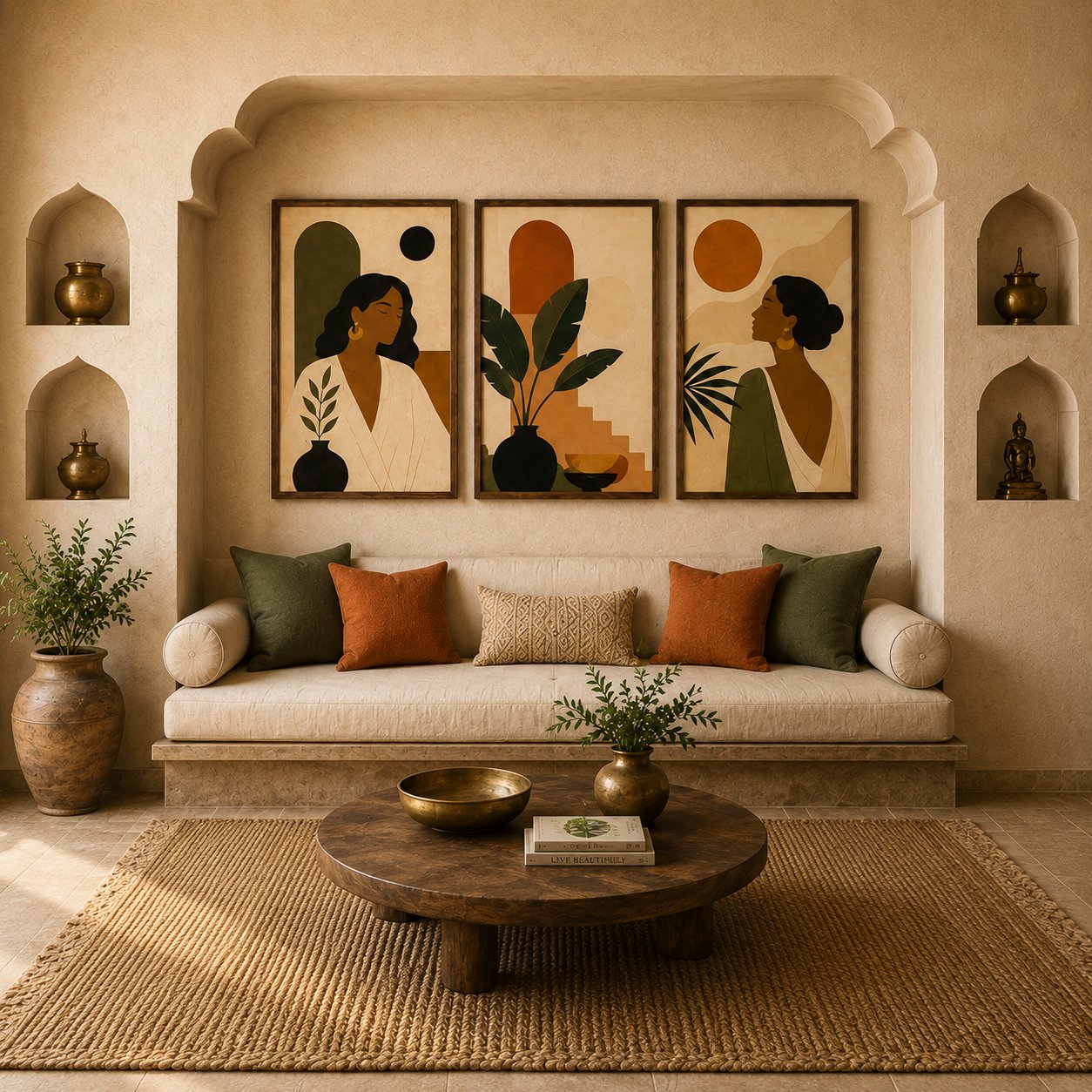 Boho Tropical Leaves & Woman Silhouette Canvas Art – Earthy Minimalist Portrait Print Set - Image 3
