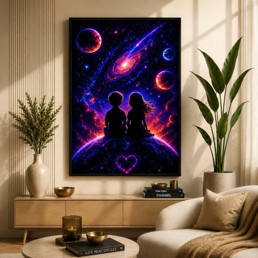 Stargazing Companions – Eternal Cosmic Heart & Spiral Galaxy Neon Wall Art Blockout Print