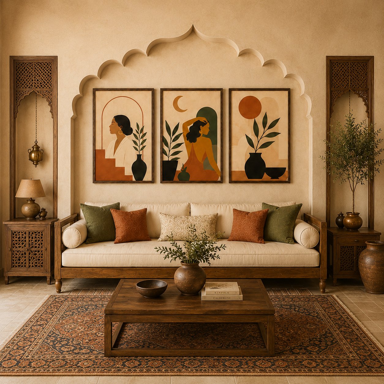 Boho Crescent Moon & Female Silhouette Canvas Art – Earthy Minimalist Portrait Print Set - Image 3