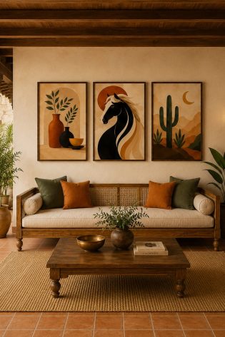Minimalist Desert Horse & Saguaro Cactus Canvas Art – Organic Modern Triptych Print Set