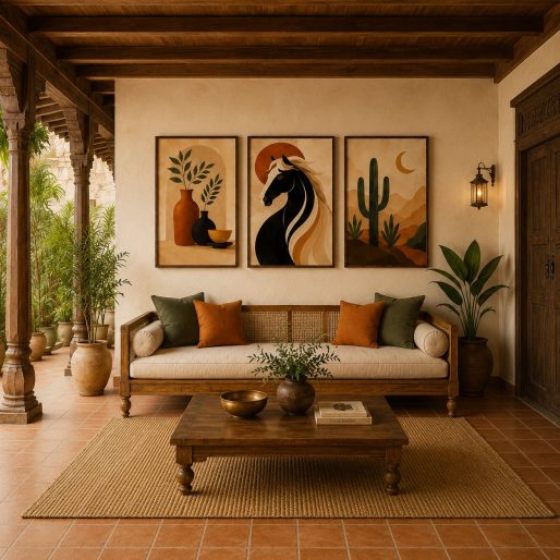 Minimalist Desert Horse & Saguaro Cactus Canvas Art – Organic Modern Triptych Print Set
