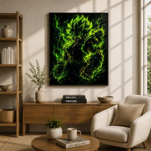 Legendary Berserker Rage – Electric Green Aura Anime Wall Art Blockout Print
