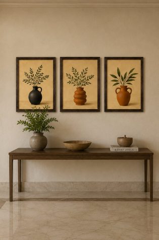 Minimalist Terracotta Pottery & Olive Branch Canvas Art – Organic Modern Triptych Print Set