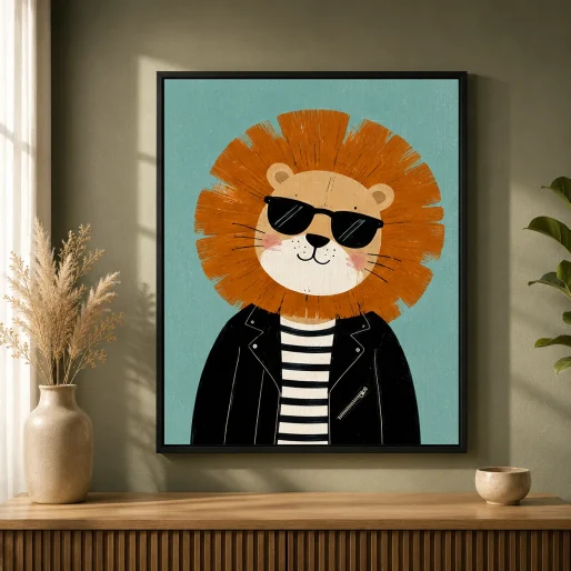 Cool Lion in Leather Jacket Canvas Print - Retro Hipster Lion Kids Wall Art