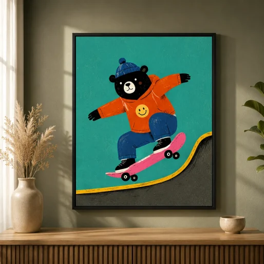 Cool Skater Bear Canvas Print - Skateboarding Black Bear Kids Wall Art