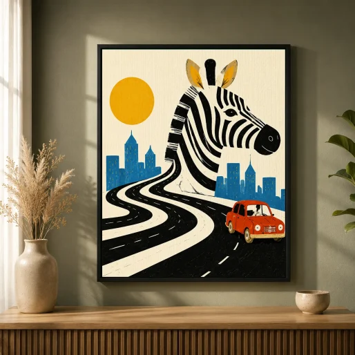 Zebra Crossing City Skyline Canvas Print - Surreal Safari & Red Car Kids Wall Art