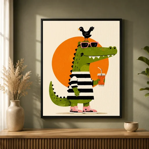 Cool Alligator with Bird Canvas Print - Retro Crocodile in Sunglasses Kids Wall Art