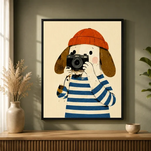 Photographer Dog Canvas Print - Retro Dog Taking Picture Kids Wall Art