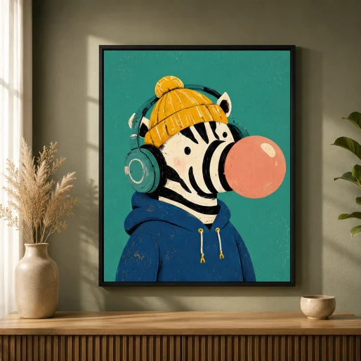 Cool Zebra with Headphones Canvas Print - Bubblegum Zebra Kids Wall Art