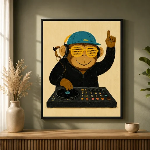 Cool DJ Monkey Canvas Print - Retro Musician Monkey Kids Wall Art