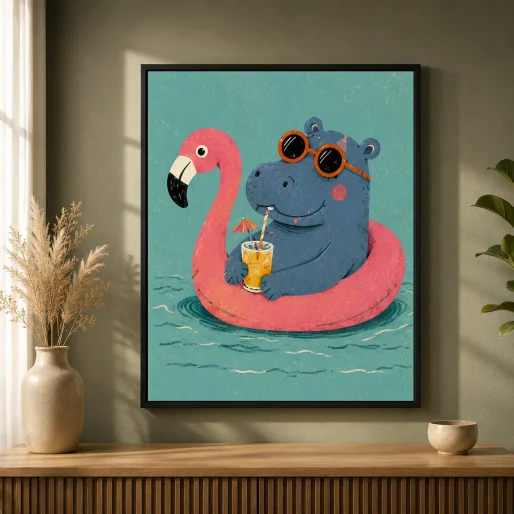Cool Hippo on Flamingo Pool Float Canvas Print - Summer Pool Party Kids Wall Art