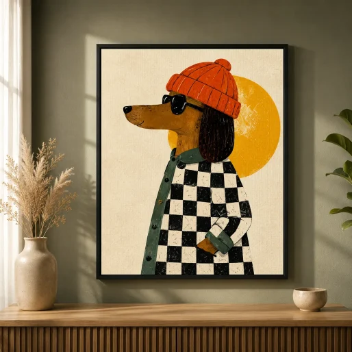 Cool Dachshund in Beanie & Sunglasses Canvas Print - Retro Dachshund Dog Kids Wall Art