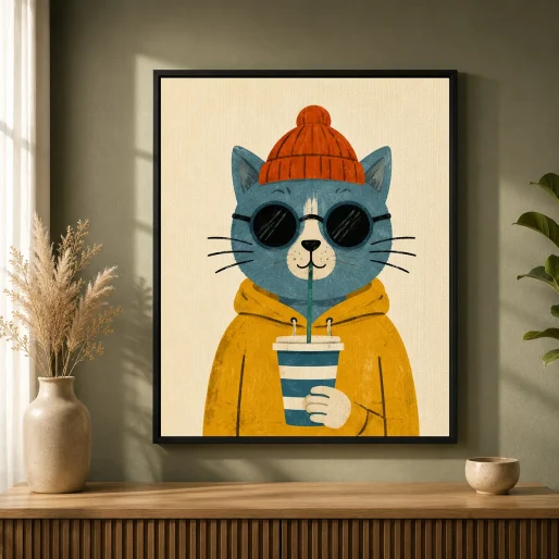 Cool Cat in Beanie & Sunglasses Canvas Print - Retro Hipster Cat Kids Wall Art