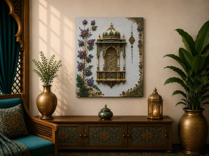 Luxury Ornate Mughal Window Canvas Art – Premium Silver Metallic Jharokha Print