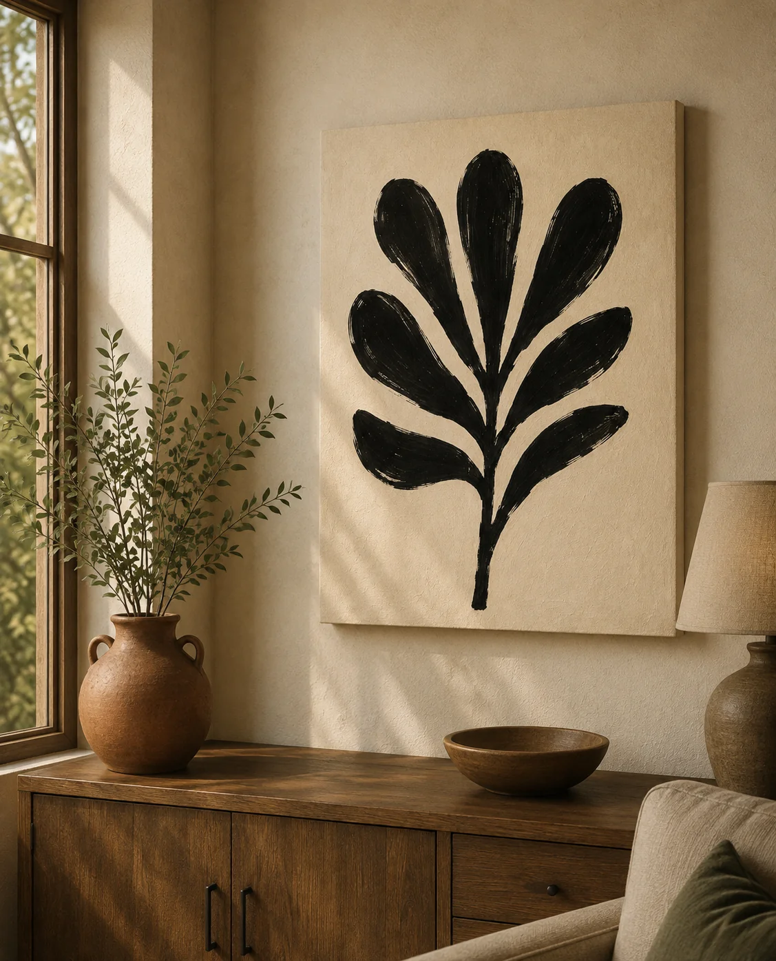 Minimalist Black Palm Leaf Canvas Print - Neutral Beige Abstract Botanical Wall Art - Image 2