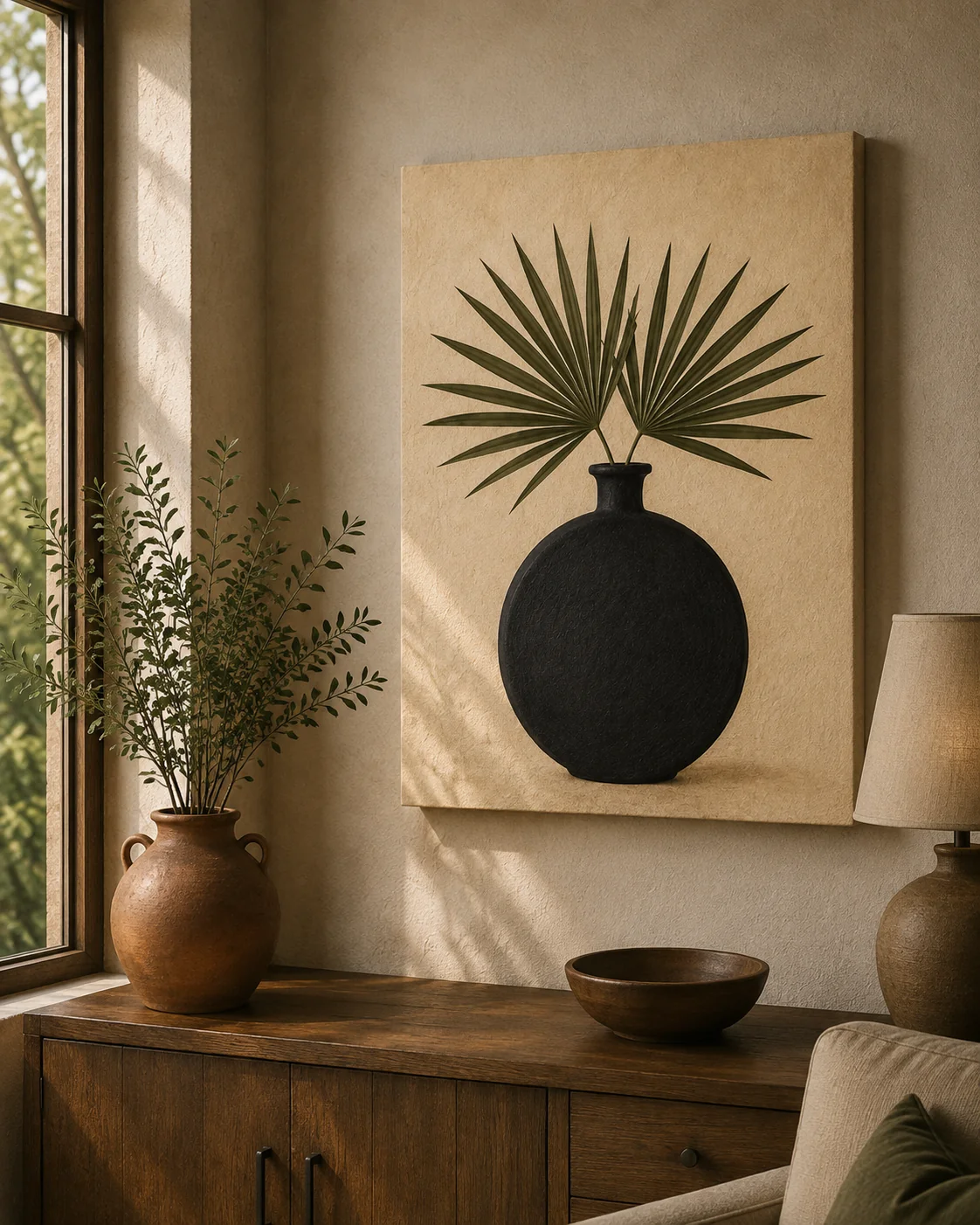 Minimalist Black Ceramic Vase with Palm Fronds Canvas Print - Warm Beige Botanical Still Life Wall Art - Image 3