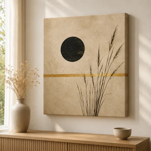 Minimalist Botanical Sun Canvas Print – Modern Japandi Pampas & Gold Line Wall Art