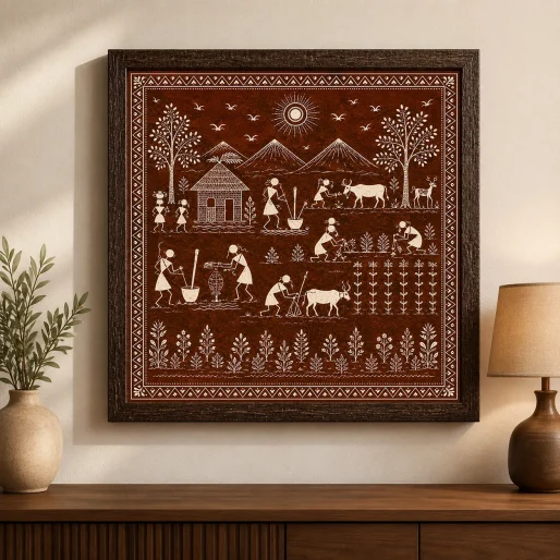 Warli Rural Agriculture & Village Life Canvas Print - Traditional Indian Tribal Wall Art