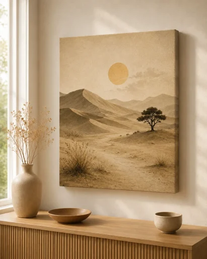 Misty Desert Landscape Canvas Print – Japandi Minimalist Vintage Mountain & Sun Wall Art