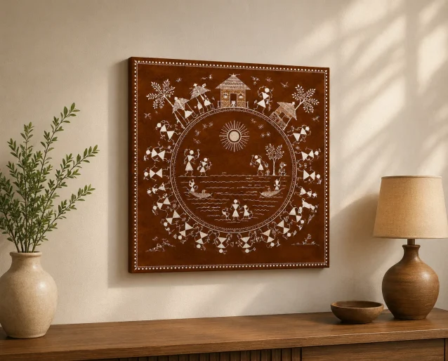 Warli Village Life & Fishing Canvas Print - Traditional Indian Tribal Wall Art