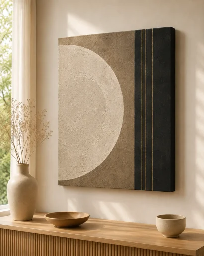 Minimalist Textured Circle Canvas Print – Japandi Modern Geometric Black & Beige Wall Art