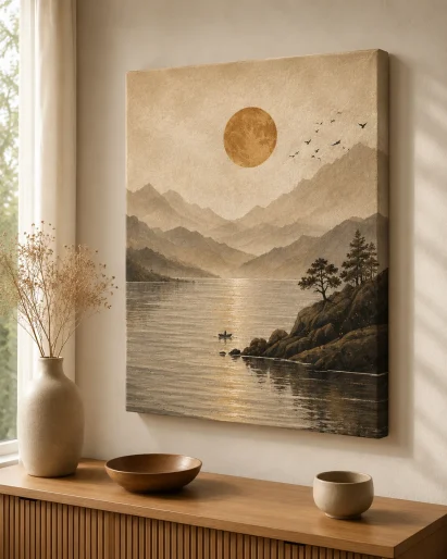 Serene Mountain Lake & Sun Canvas Print – Japandi Minimalist Vintage Fisherman & Landscape Wall Art