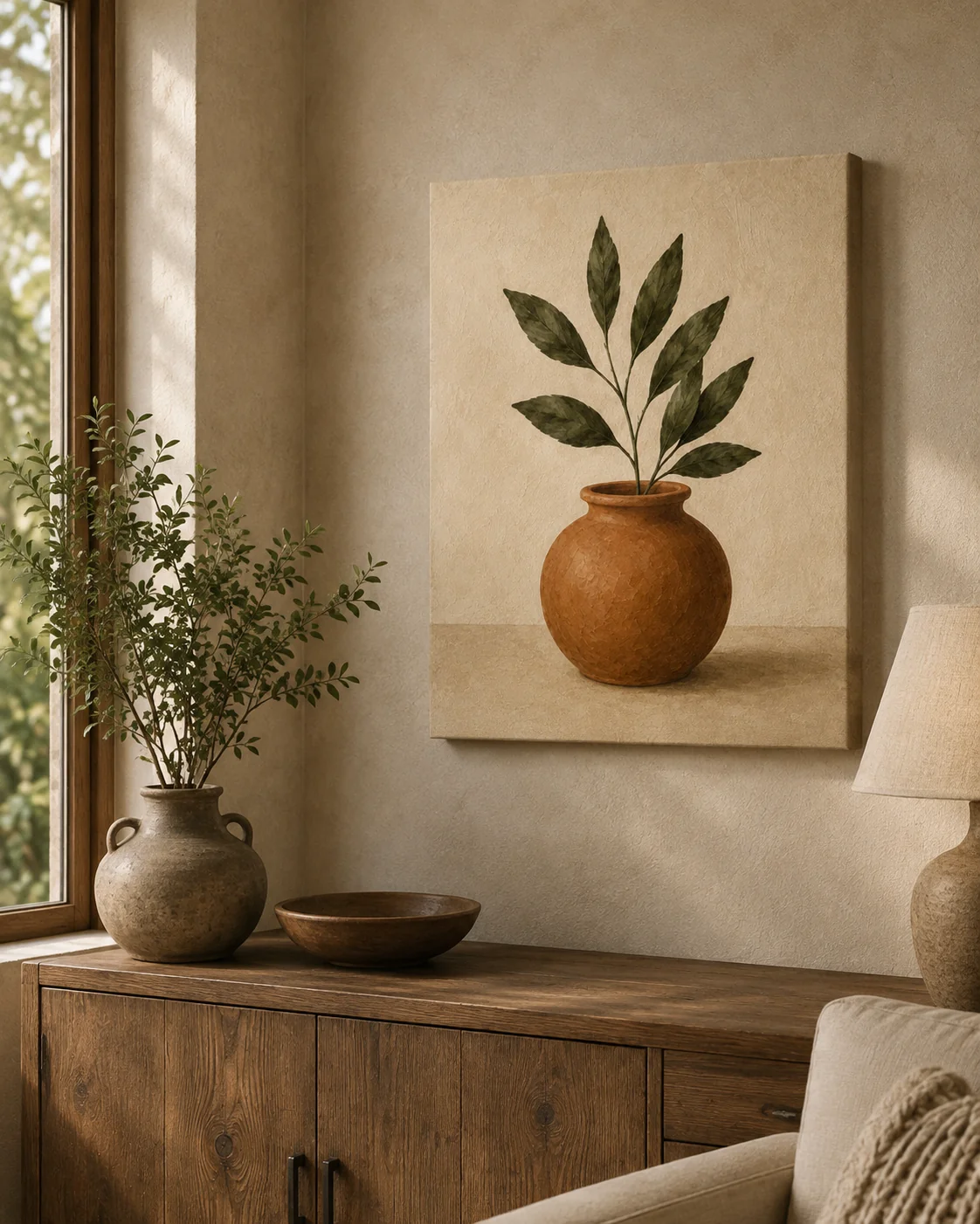 Minimalist Terracotta Vase with Green Leaves Canvas Print - Earthy Botanical Still Life Wall Art - Image 3