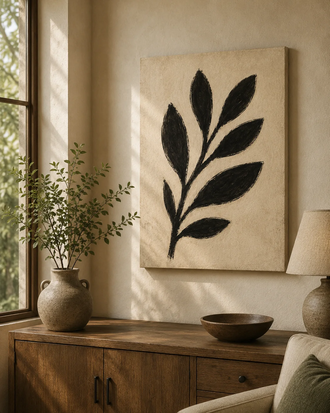 Minimalist Black Leaf Branch Canvas Print - Beige Abstract Botanical Wall Art - Image 3
