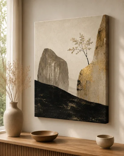 Minimalist Zen Rock & Tree Canvas Print – Abstract Wabi-Sabi Mountain Wall Art
