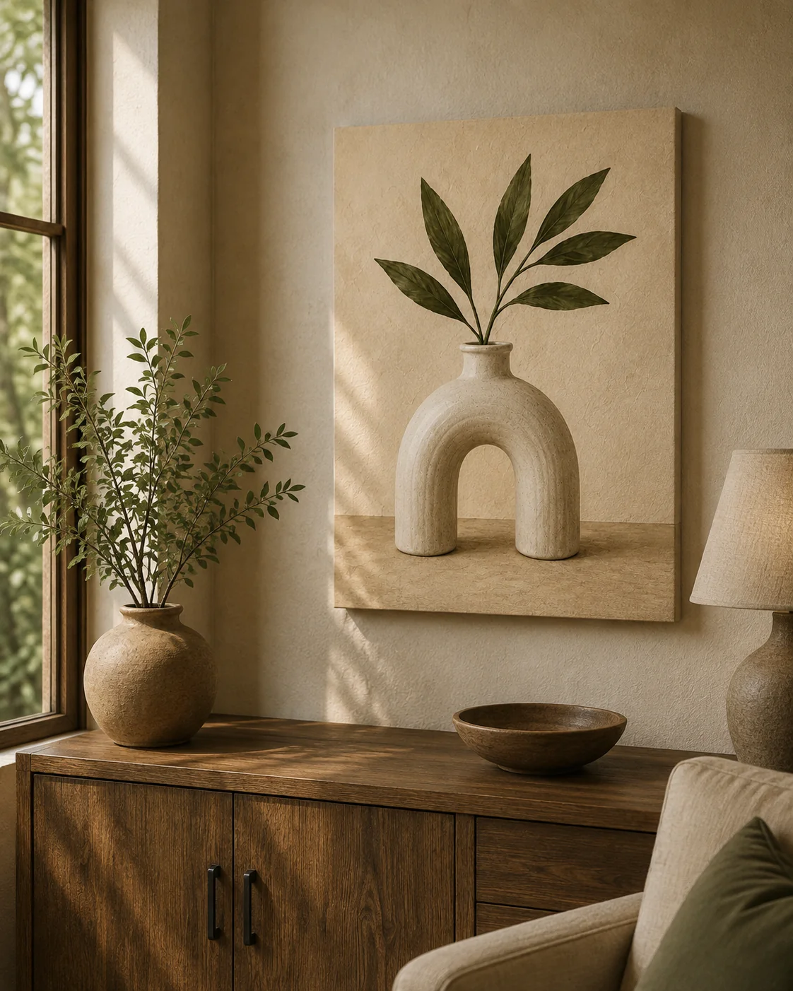 Minimalist Arch Vase with Green Leaves Canvas Print - Warm Cream Botanical Still Life Wall Art - Image 3