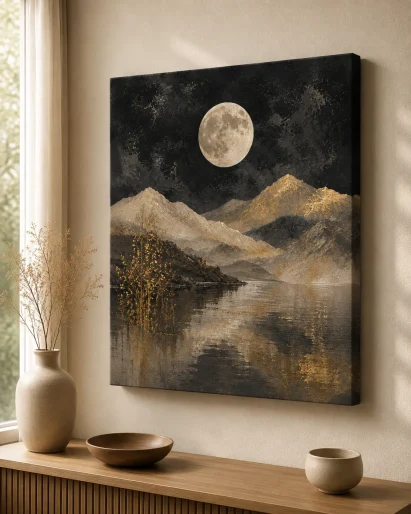 Full Moon Over Mountain Lake Canvas Print – Japandi Wabi-Sabi Moody Textured Abstract Landscape Wall Art