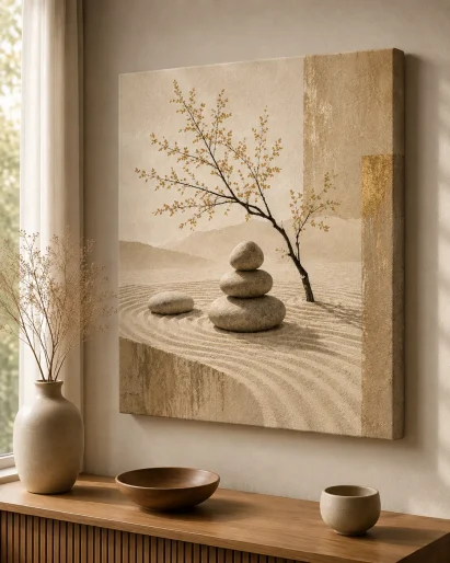 Zen Garden Balanced Stones Canvas Print – Minimalist Japanese Wabi-Sabi Wall Art