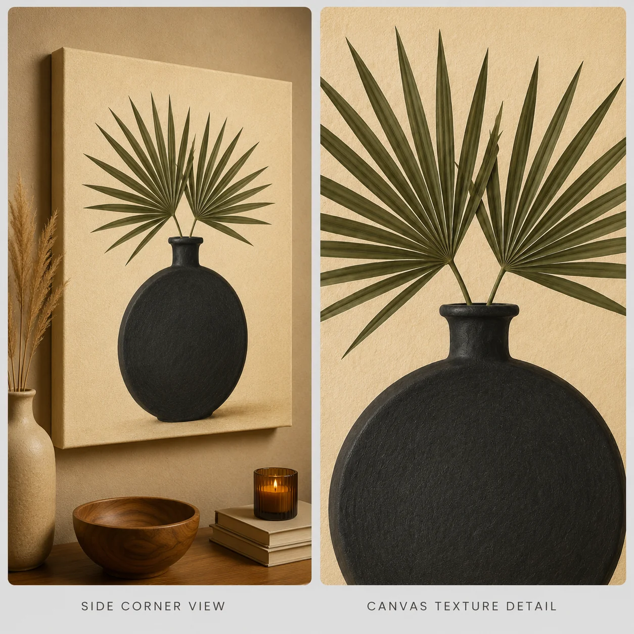 Minimalist Black Ceramic Vase with Palm Fronds Canvas Print - Warm Beige Botanical Still Life Wall Art - Image 4