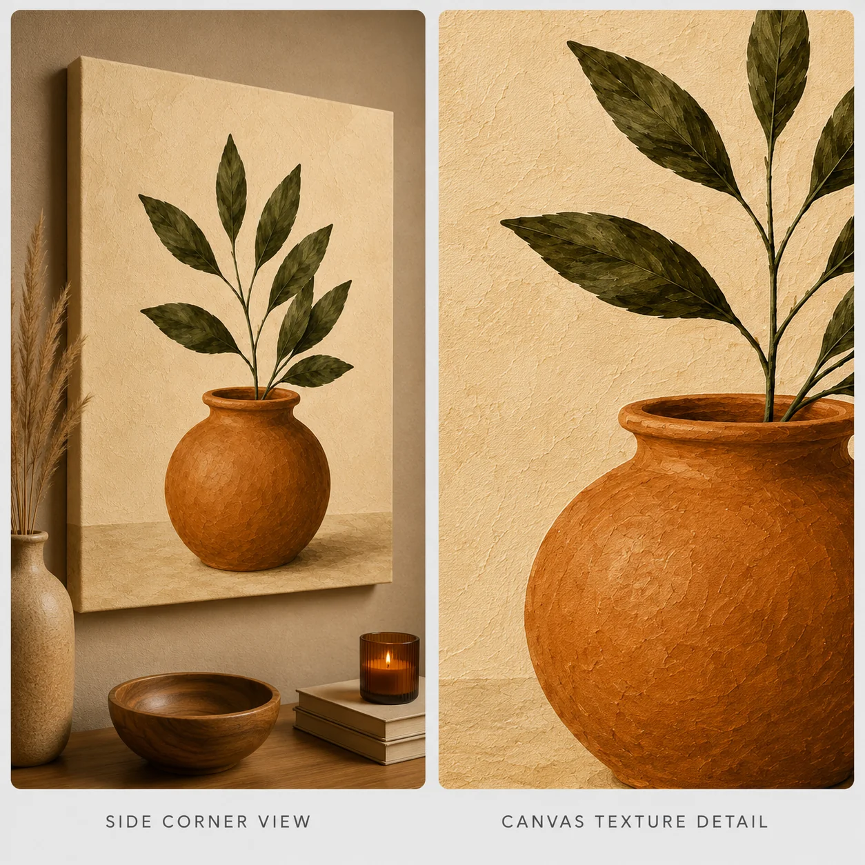 Minimalist Terracotta Vase with Green Leaves Canvas Print - Earthy Botanical Still Life Wall Art - Image 4