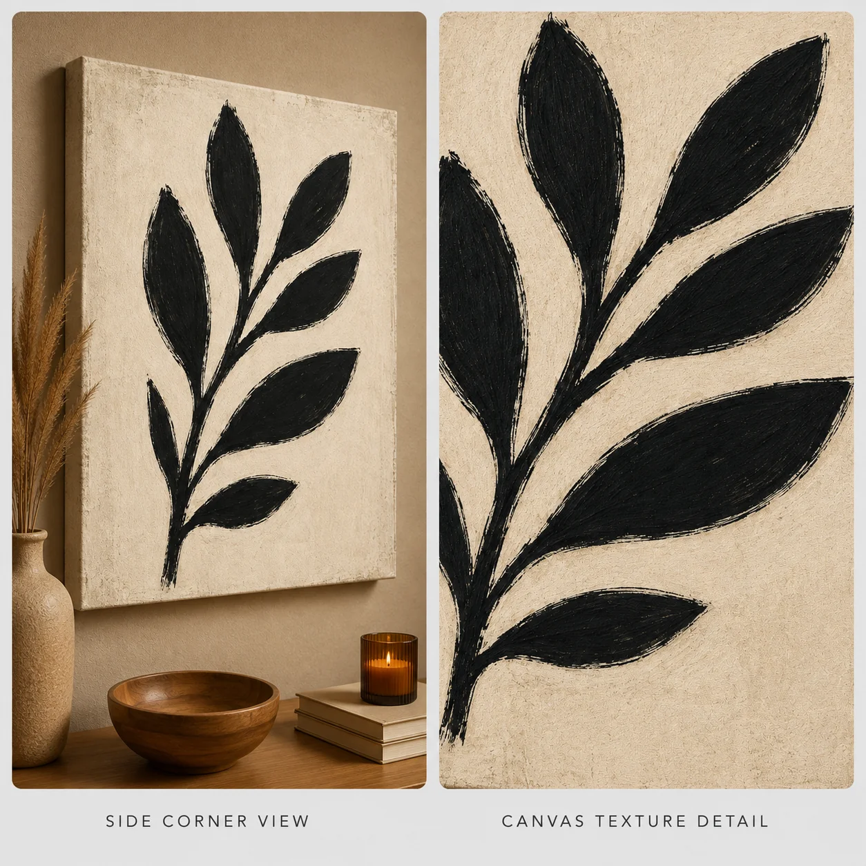 Minimalist Black Leaf Branch Canvas Print - Beige Abstract Botanical Wall Art - Image 4